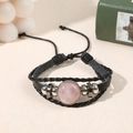 Multilayer leather bracelet featuring a pink quartz stone and silver metal beads - Rose Quartz