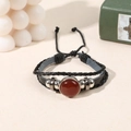 Handmade leather multilayer bracelet featuring a round polished red agate gemstone charm - Red Agate