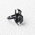 Gothic spider ring with deep green gemstone inlay and black metal adjustable band - India Agate / Antique Silver