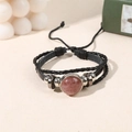 Handmade leather multilayer bracelet featuring red-brown agate stone inlay and adjustable cord - Strawberry Quartz