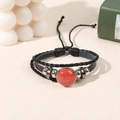 Multilayer black leather bracelet featuring a central round red crystal stone inlay - Watermelon Red (Synthetic)