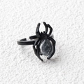 Gothic matte black spider ring with grey crystal agate stone on white background - White Crystal / Antique Silver