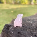 Natural rose quartz bird carving ornament displayed on a black stone in nature - Rose Quartz