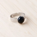 Silver stainless steel ring featuring 11mm black agate stone with adjustable open band - Obsidian