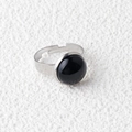 Adjustable silver steel ring with a 15mm round black agate stone inlay - Obsidian 1pc