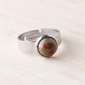 Silver adjustable stainless steel ring with 11mm round unakite natural stone inlay - Unakite