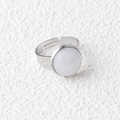 Silver adjustable stainless steel ring featuring a 15mm round white natural crystal stone - White Jade (1 Pc)