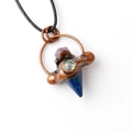 Boho bronze pendant with purple hexagonal crystal and blue stone on black cord - Lapis Lazuli