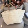 Beige quilted cloud tote bag with brown woven rope handles and red accent straps - Large / Beige Grey