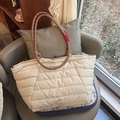 Quilted cloud tote bag in beige with colorful woven rope handles and large capacity - Small / Beige Grey