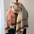 Color-block cashmere-feel scarf with horse pattern and delicate fringe trim - Pink Grey (GSJ-21)