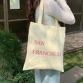 Μπεζ νάιλον τσάντα tote με ροζ στάμπα San Francisco και μακριά λουράκια ώμου, μίνιμαλ - Απαλό Κίτρινο