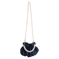 Elegant navy blue satin cloud bag with pearl handle and golden chain strap - Blue Pearl Chain Bag