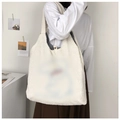 White fluffy fleece tote bag with bear ear design and plaid lining in casual style - Tilting Head Dog / Off White