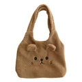 Cute brown plush tote bag with bear ears and embroidered cartoon face for winter - Bear / Brown
