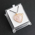 Pink heart crystal pendant necklace with golden wire wrap and butterfly charm - Rose Quartz