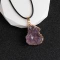 Amethyst crystal cluster teardrop pendant with gold-plated trim on black cord - Electroplated Gold Edge