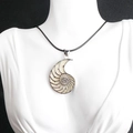 Artistic shell spiral nautilus pendant necklace with cream white inlay and black cord - White Shell