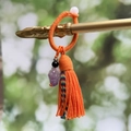 Bohemian orange woven keychain with purple amethyst crystal and silk tassel pendant - Orange