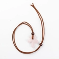 Pink stone flower pendant on brown leather cord necklace with wooden beads - Rose Quartz