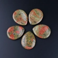 Polished Unakite teardrop stones with green and orange natural textures in a set of five - Unakite