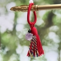 Bohemian keychain with red tassel, natural amethyst crystal and multicolor fringe - Red