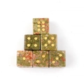 Set of six natural Unakite stone dice with gold engraved dots on a white background - Unakite