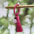 Handmade pink bohemian tassel keychain with light purple natural crystal and white bead - Rose Red