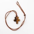 Collier avec pendentif fleur en pierre œil de tigre, cordon daim brun et perles bois - Œil de tigre