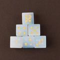 Set of six translucent light blue opal glass dice with sparkling gold glitter numbers - Synthetic Opal