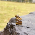 Carved tiger eye stone rabbit figurine with natural golden chatoyancy on dark rock - Tiger's Eye
