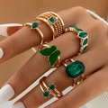 Set de anillos bohemios dorados con piedras verdes y mariposa de cristal para mujer - Juego de 6 Piezas de Mariposa Bohemio Verde (23646-green)