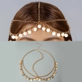 Detail of bohemian gold metal head chain with hanging sequins and layered link design - Sequin Multi-layer Style (30885-hc-G-EP) / Gold Style (30885-hc-G-EP)