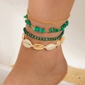 Close-up of bohemian anklet set with seashells, green stones and gold-tone chains - Green Natural Stone Shell Style (9426-green)