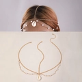 Detail of bohemian gold head chain with white pearls and a seashell pendant - Pearl Shell Style (24560-gold) / Gold Style (24560-gold)