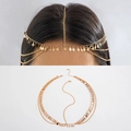 Detail view of a bohemian gold layered head chain featuring intricate diamond pendants - Multi-layer Rhombus Style (28466-G) / Gold Style (28466-G)