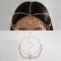 Detail of bohemian gold layered head chain with metallic discs and shell pendants - Textured Disc Shell Style (28467-G) / Gold Style (28467-G)