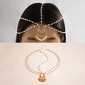Detailed close-up of bohemian pearl head chain with crescent metal fringe and sequins - Half Moon Disc Style (28528-gold) / Gold Style (28528-gold)