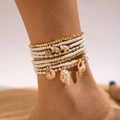 Detail showing layered beach anklet with white beads and natural shell pendants - White Multi Circle Shell Pendant Style (27934-Gwhite)