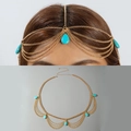 Detail of bohemian gold head chain featuring turquoise pendants and multilayered fringe - Turquoise Waterdrop Style (30988-hc-G-EP) / Gold Style (30988-hc-G-EP)