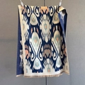 Detail of cashmere feel scarf with ikat pattern and fringe tassels for winter warmth - Navy Blue