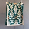 Detail of dark green paisley pashmina scarf with orange ikat pattern and fringe trim - Green