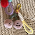 Pink plush cherry keychain with smile embroidery and colorful mesh lanyards - Pink Cherry Emoji Pendant With Yellow Handle