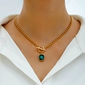 Collier vintage doré avec pendentif goutte émeraude et fermoir en T pour femmes - Style Pierre Rectangulaire avec Fermoir T / Or (30677-nek-G)