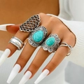 Five-piece vintage silver bohemian ring set with turquoise gemstone details for women - Turquoise Carving Style (17196-green)