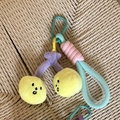 Plush cherry keychain featuring yellow pom-poms with cute embroidery and blue mesh strap - Yellow Cherry Emoji Pendant With Green Handle