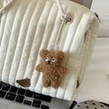 Quilted cream tote bag with cute brown plush bear keychain charm and stripe texture - Brown Bean Bear Pendant