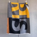 Detail eines Strickschals mit orange-grauem Farbblock-Design und PARIS-Schriftzug - Braun Grau Gelb