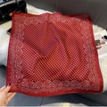 Detailed view of red silk square scarf with white polka dots and paisley patterns - FW-167-Red