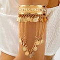 Western cowboy style gold metal arm cuff with tassel chain and coin charms for women - Coin Tassel Style (29910-bra-G-2-EP)